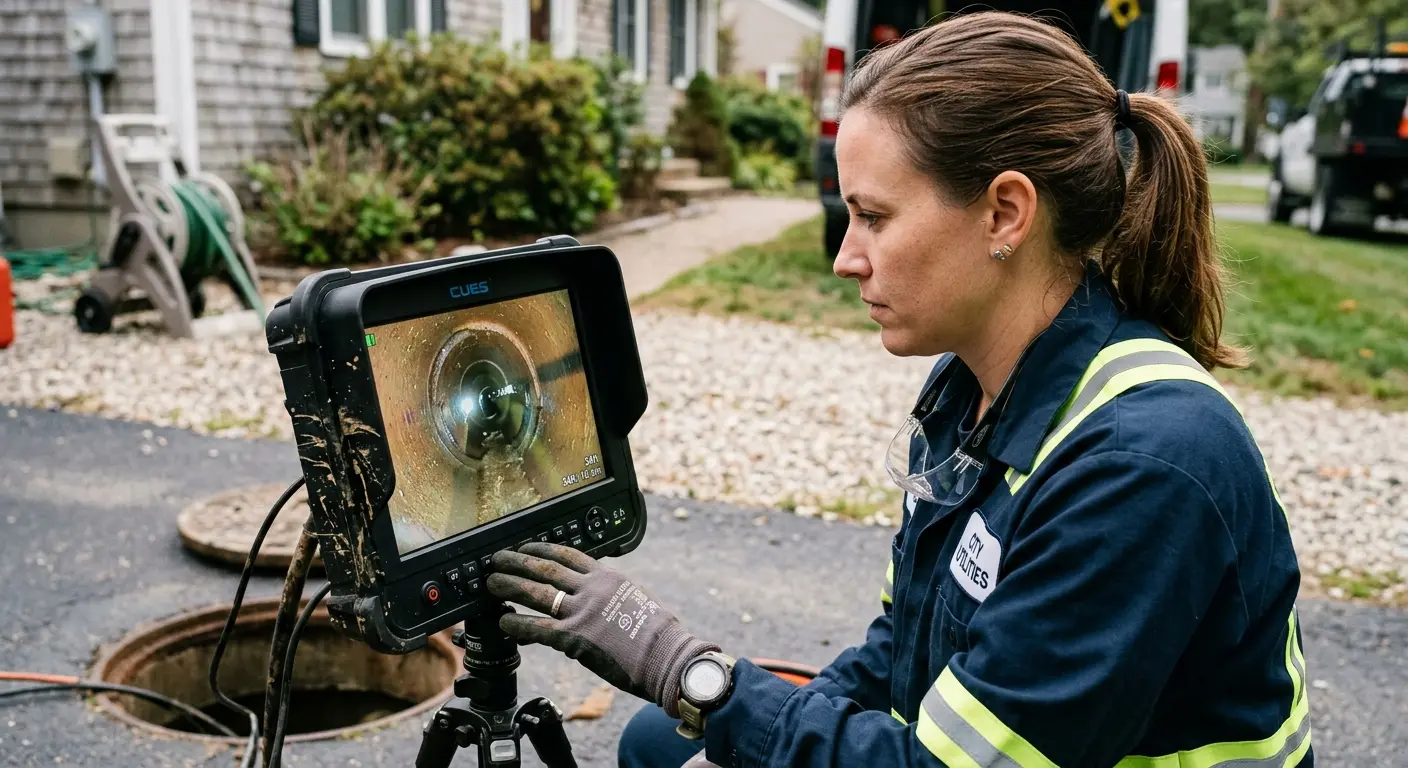 Technician reviewing sewer camera inspection footage in Rapid Valley