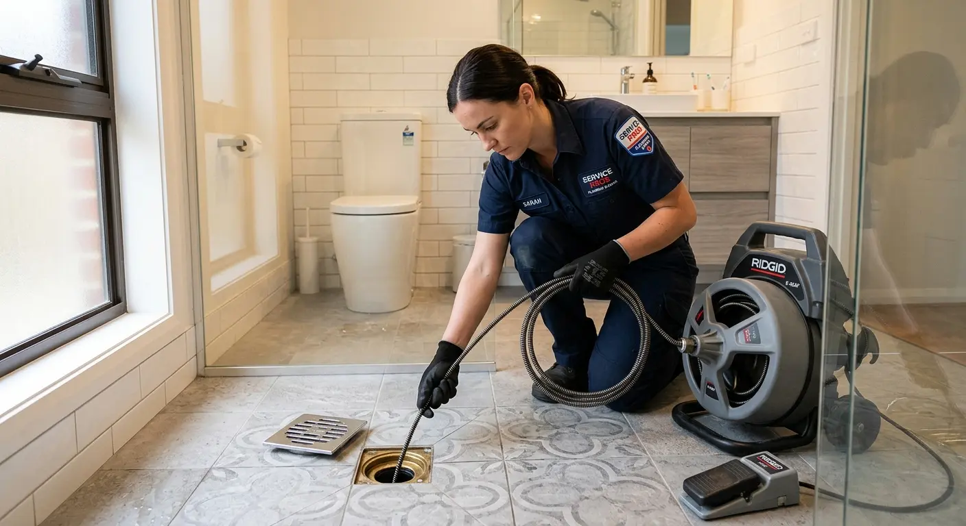 Technician clearing a bathroom floor drain for Drain Repair in Rapid Valley